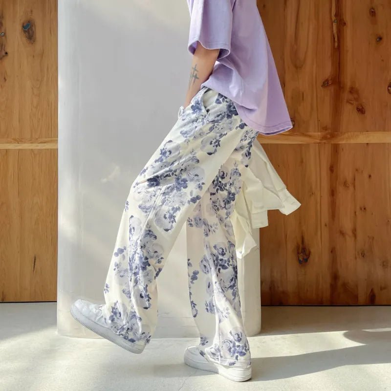 Pantalon Fleuri Bleu et Blanc